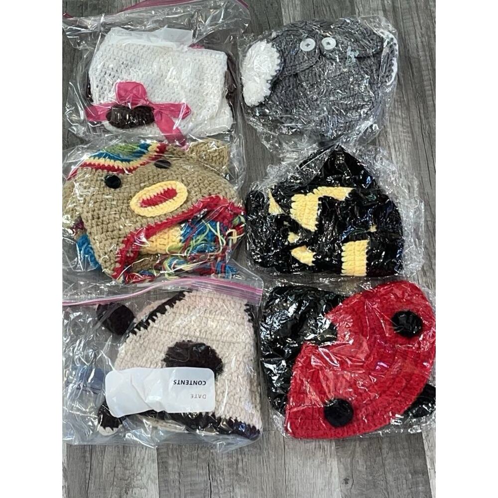 Baby Photo Prop Outfits Clothing Lot Of 6 Puppy, Sock Monkey, &more Cover / Hat